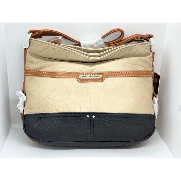 NWT Stone Mountain Leather Shoulder Pockets 2 Compartments Bag Beige Black $169 - Picture 1 of 8